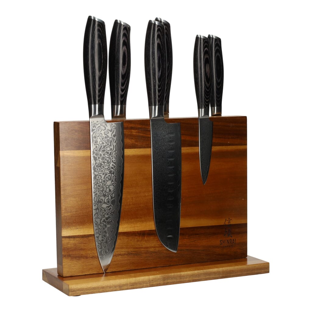 Damast Pakka Wood 6-delige Messenset + Magnetisch Messenblok Messenset met blok Shinrai Japan