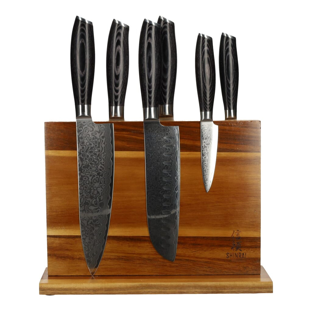 Damast Pakka Wood 6-delige Messenset + Magnetisch Messenblok Messenset met blok Shinrai Japan