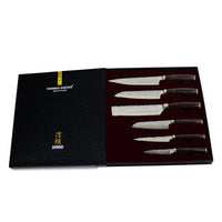 Hammered RVS 6-delige Messenset + Acacia houder dubbelzijdig Messenset met blok Shinrai Knives