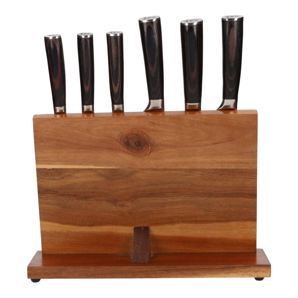 Hammered RVS 6-delige Messenset + Acacia houder enkelzijdig Messenset met blok Shinrai Japan