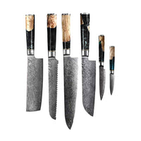 Shinrai Japan - Epoxy Onyx 6-delige Damascus Messenset + Magnetisch Messenblok Scalae - Acacia hout Messenset met blok Shinrai Japan