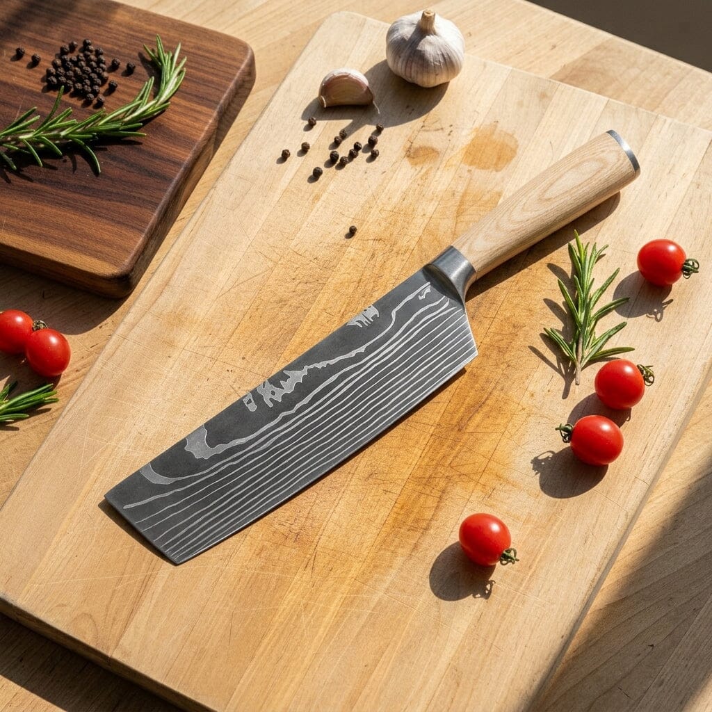 Couteaux Shinrai - Coffret de 6 couteaux Akari Damascus Print + Bloc à couteaux Robur avec bloc Shinrai