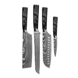Couteaux Shinrai - Ensemble de 4 couteaux en résine époxy et onyx imprimé Damas - Santoku + couteau à pain + couteau Nakiri + couteau d'office Shinrai Knives - Damascus Print Epoxy Onyx 4-delige Messenset - Santoku + Broodmes + Nakiri + Schilmes Messenset Shinrai Knives