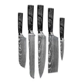 Couteaux Shinrai - Ensemble de 5 couteaux en époxy et onyx imprimé Damas - Couteau de chef, couteau à pain, couteau Nakiri, petit Santoku et couteau d'office Shinrai Knives - Damascus Print Epoxy Onyx 5-delige Messenset - Koksmes + Broodmes + Nakiri + Kleine Santoku + Schilmes Messenset Shinrai Knives