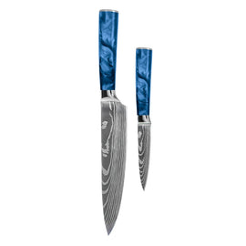 Couteaux Shinrai - Ensemble de 2 couteaux en résine époxy et saphir imprimé Damas - Couteau de chef + Couteau d'office Shinrai Knives - Damascus Print Epoxy Sapphire 2-delige Messenset - Koksmes + Schilmes Messenset Shinrai Knives