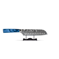 Couteaux Shinrai - Coffret de 2 couteaux en résine époxy saphir à motif damassé - Santoku + couteau d'office