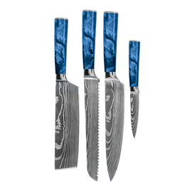 Couteaux Shinrai - Ensemble de 4 couteaux en résine époxy et saphir imprimé Damas - Couteau de chef, couteau à pain, couteau Nakiri et couteau d'office Shinrai Knives - Damascus Print Epoxy Sapphire 4-delige Messenset - Koksmes + Broodmes + Nakiri + Schilmes Messenset Shinrai Knives