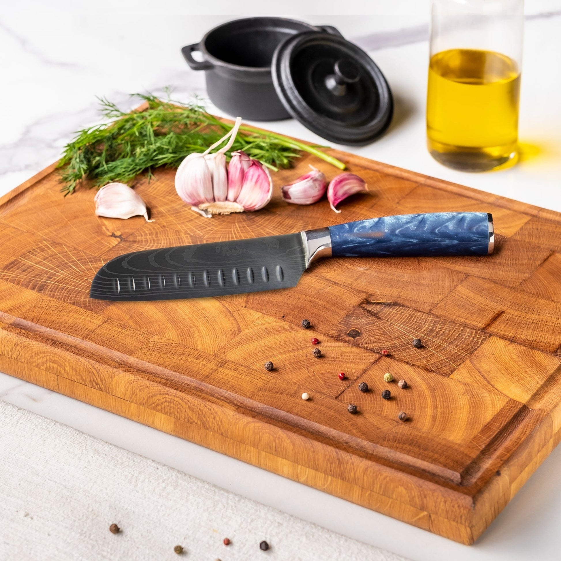 Shinrai Knives - Damascus Print Epoxy Sapphire 4-delige Messenset - Santoku + Broodmes + Nakiri + Schilmes Messenset Shinrai Knives
