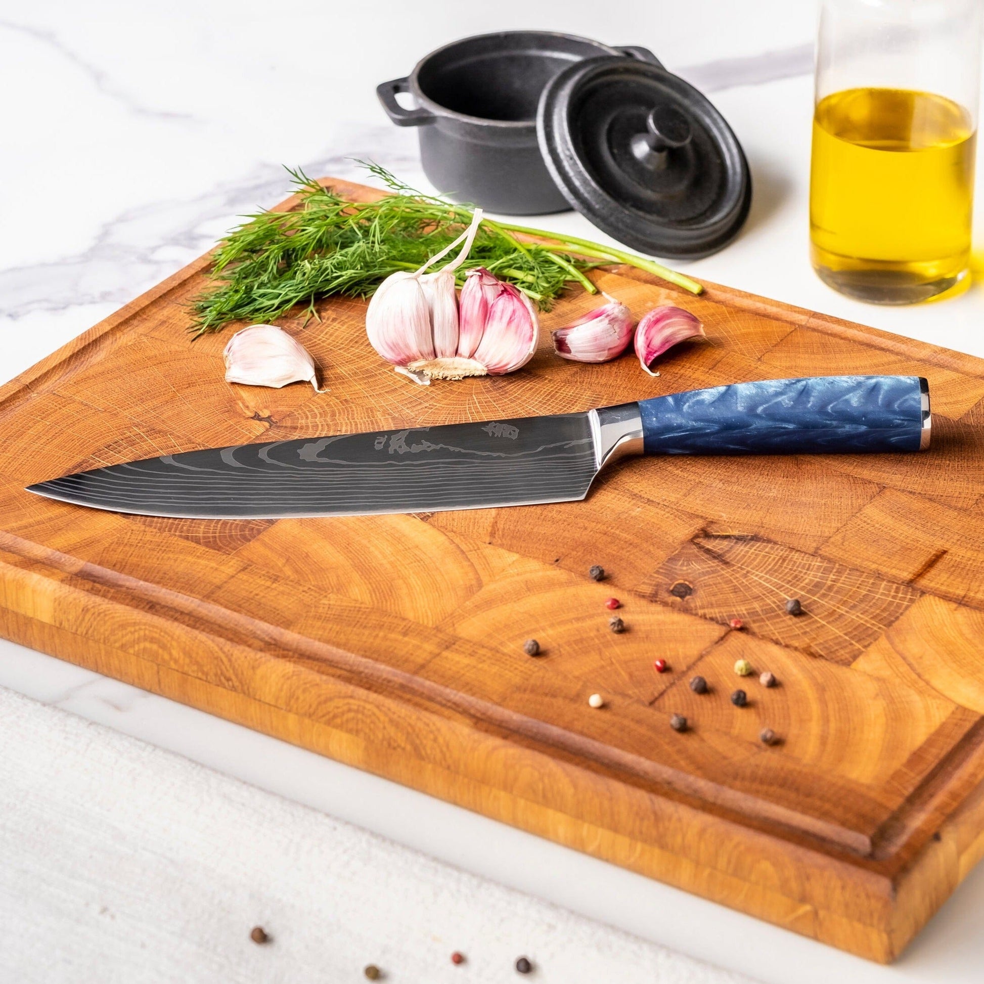 Shinrai Knives - Damascus Print Epoxy Sapphire 5-delige Messenset - Koksmes + Broodmes + Nakiri + Kleine Santoku + Schilmes Messenset Shinrai Knives