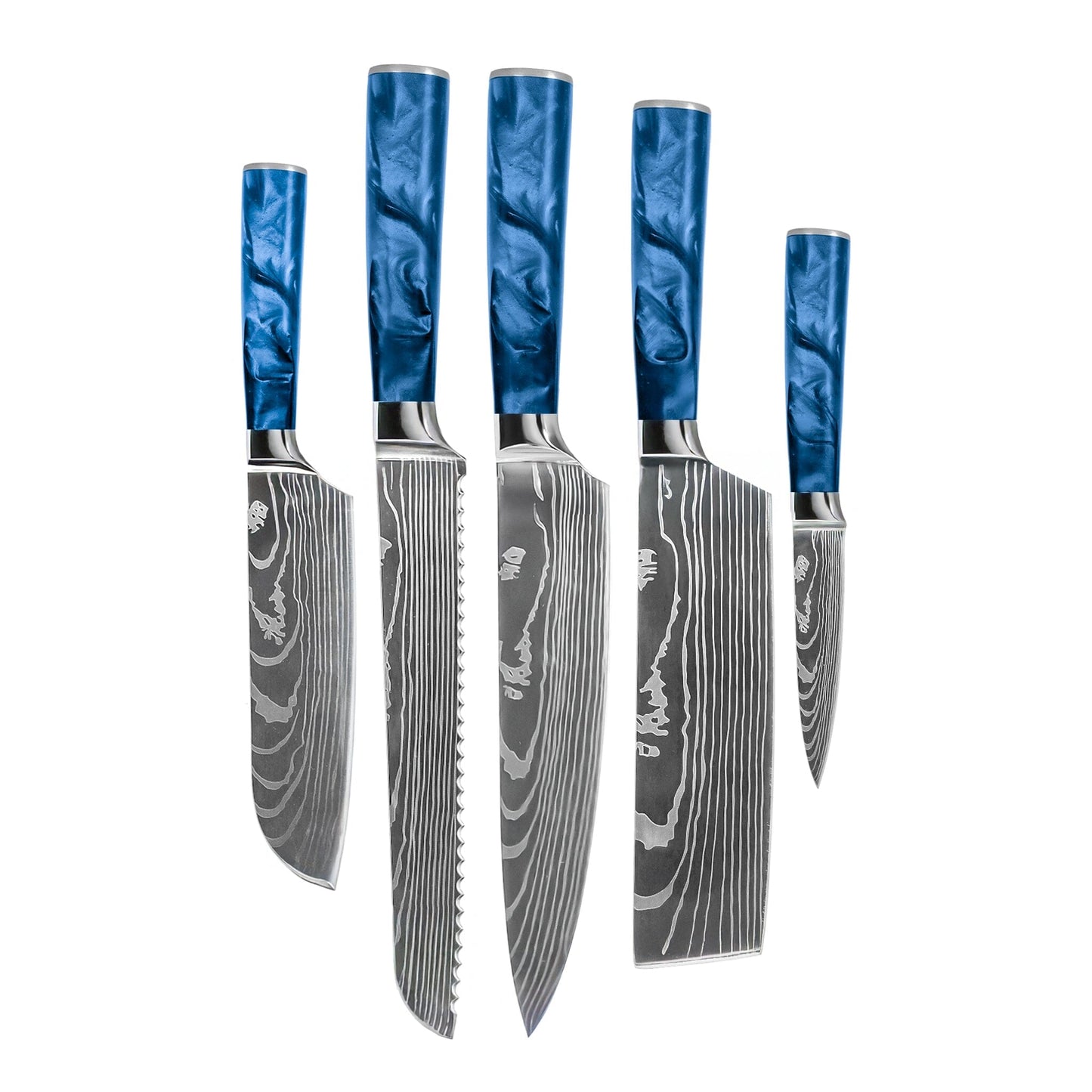 Shinrai Knives - Damascus Print Epoxy Sapphire 5-delige Messenset - Koksmes + Broodmes + Nakiri + Kleine Santoku + Schilmes Messenset Shinrai Knives