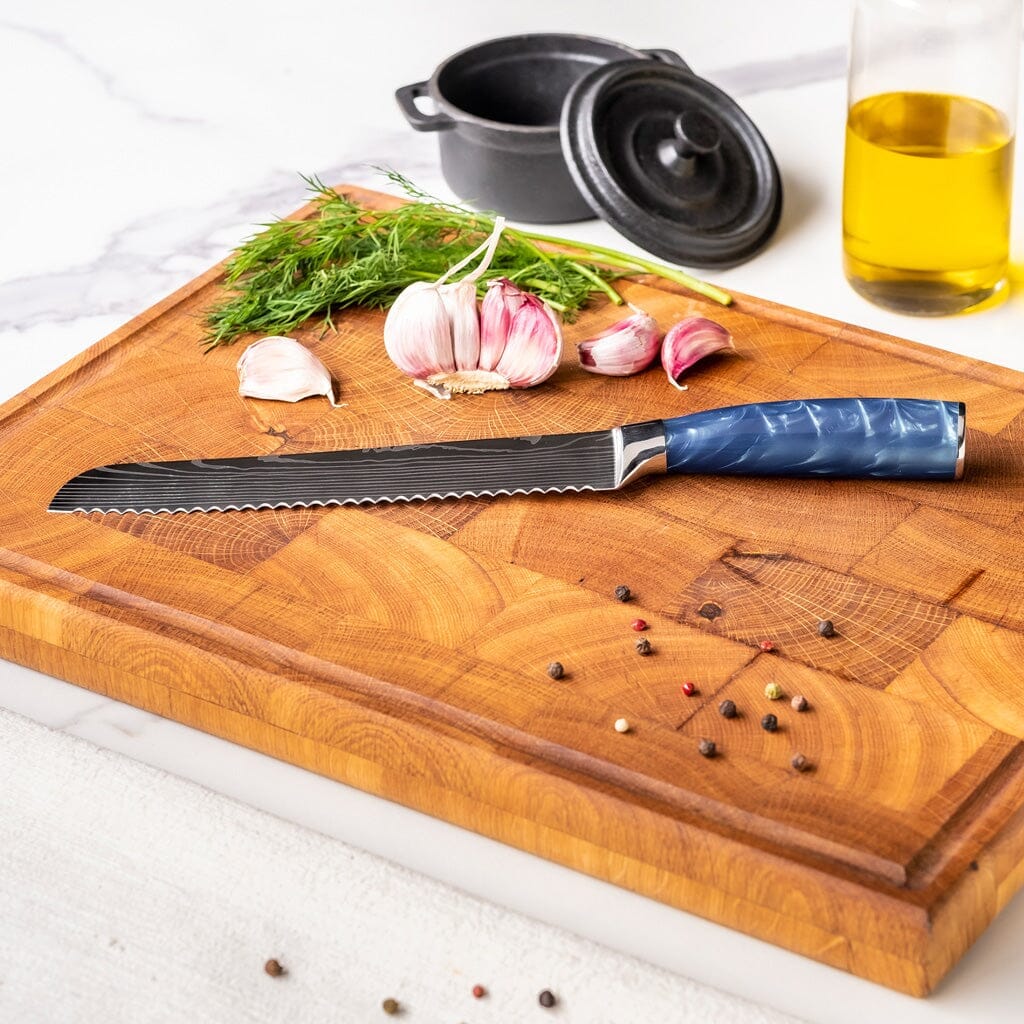 Shinrai Knives - Damascus Print Epoxy Sapphire 5-delige Messenset - Koksmes + Broodmes + Nakiri + Kleine Santoku + Schilmes Messenset Shinrai Knives