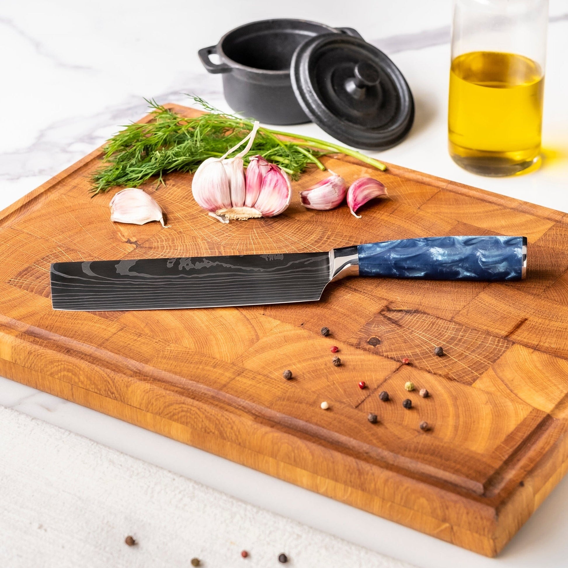 Shinrai Knives - Damascus Print Epoxy Sapphire 5-delige Messenset - Koksmes + Broodmes + Nakiri + Kleine Santoku + Schilmes Messenset Shinrai Knives