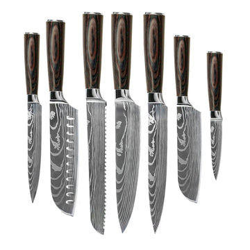 Shinrai Knives - Damascus Print Mega Bundel - All you need Messenset met blok, snijplank en slijpsteen Shinrai Knives
