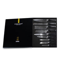Shinrai Knives - Damascus Print Onyx Epoxy 9-delige Messenset + Magnetisch Messenblok Scalae - Acacia hout Messenset met blok Shinrai Knives