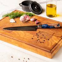 Couteaux Shinrai - Coffret de 2 couteaux damassés en époxy saphir - Couteau de chef + couteau Santoku