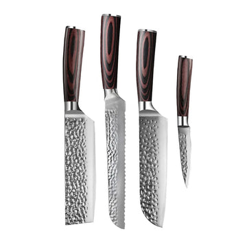 Shinrai Knives - Hammered RVS 4-delige Messenset - Santoku + Broodmes + Nakiri + Schilmes Messenset Shinrai Knives