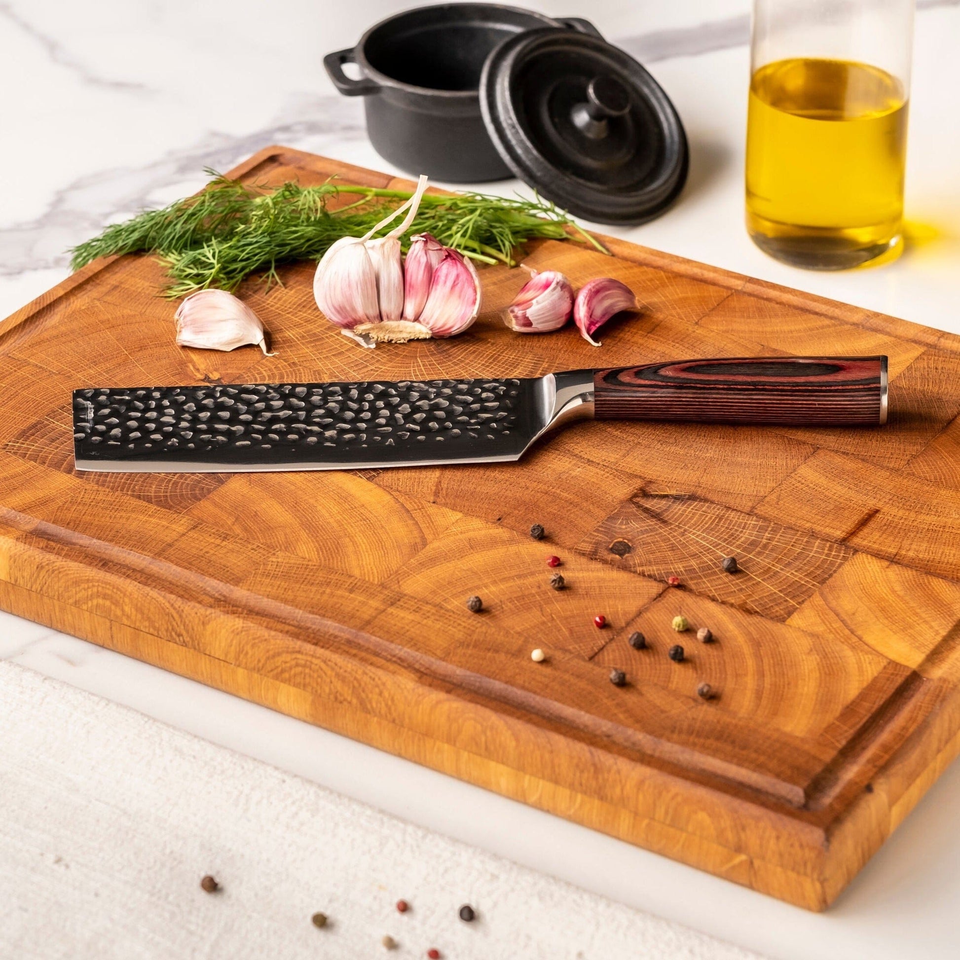 Shinrai Knives - Hammered RVS 5-delige Messenset - Koksmes + Broodmes + Nakiri + Santoku + Schilmes Messenset Shinrai Knives