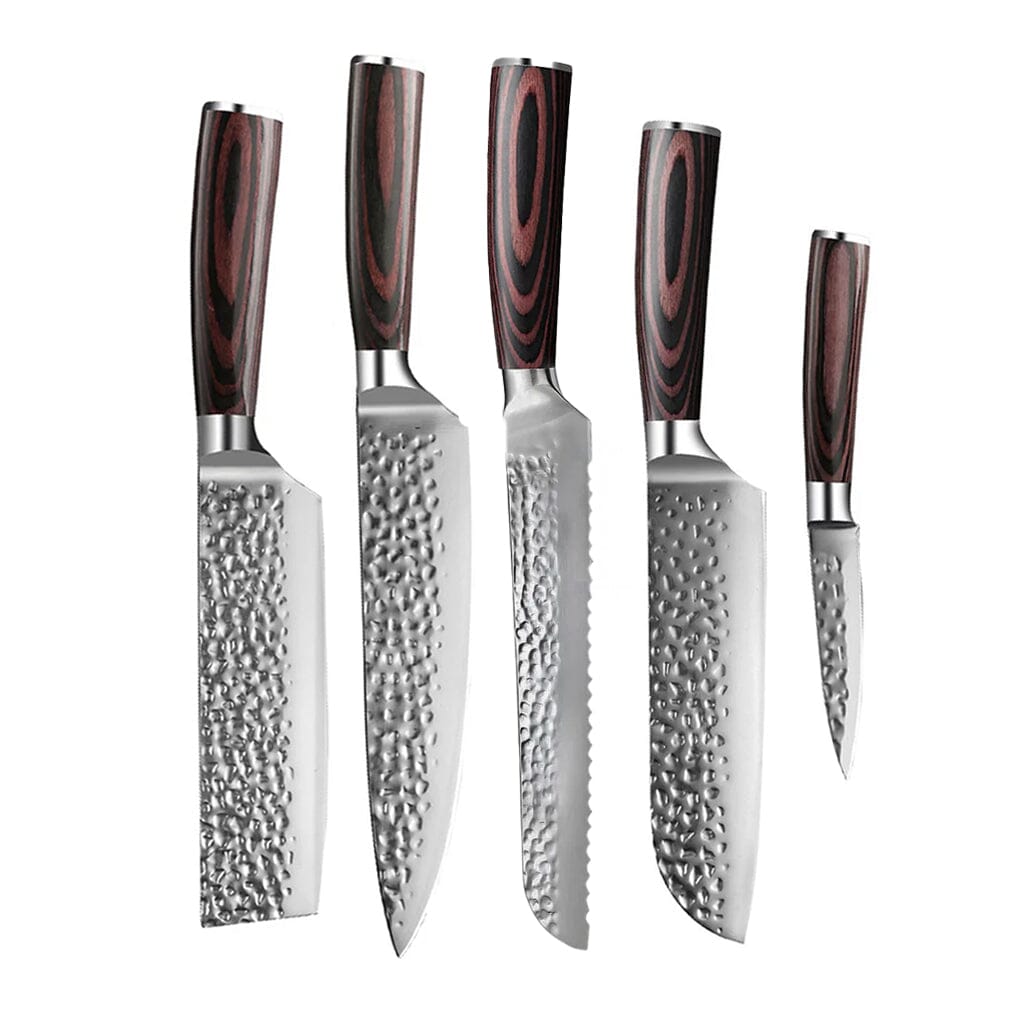 Shinrai Knives - Hammered RVS 5-delige Messenset - Koksmes + Broodmes + Nakiri + Santoku + Schilmes Messenset Shinrai Knives