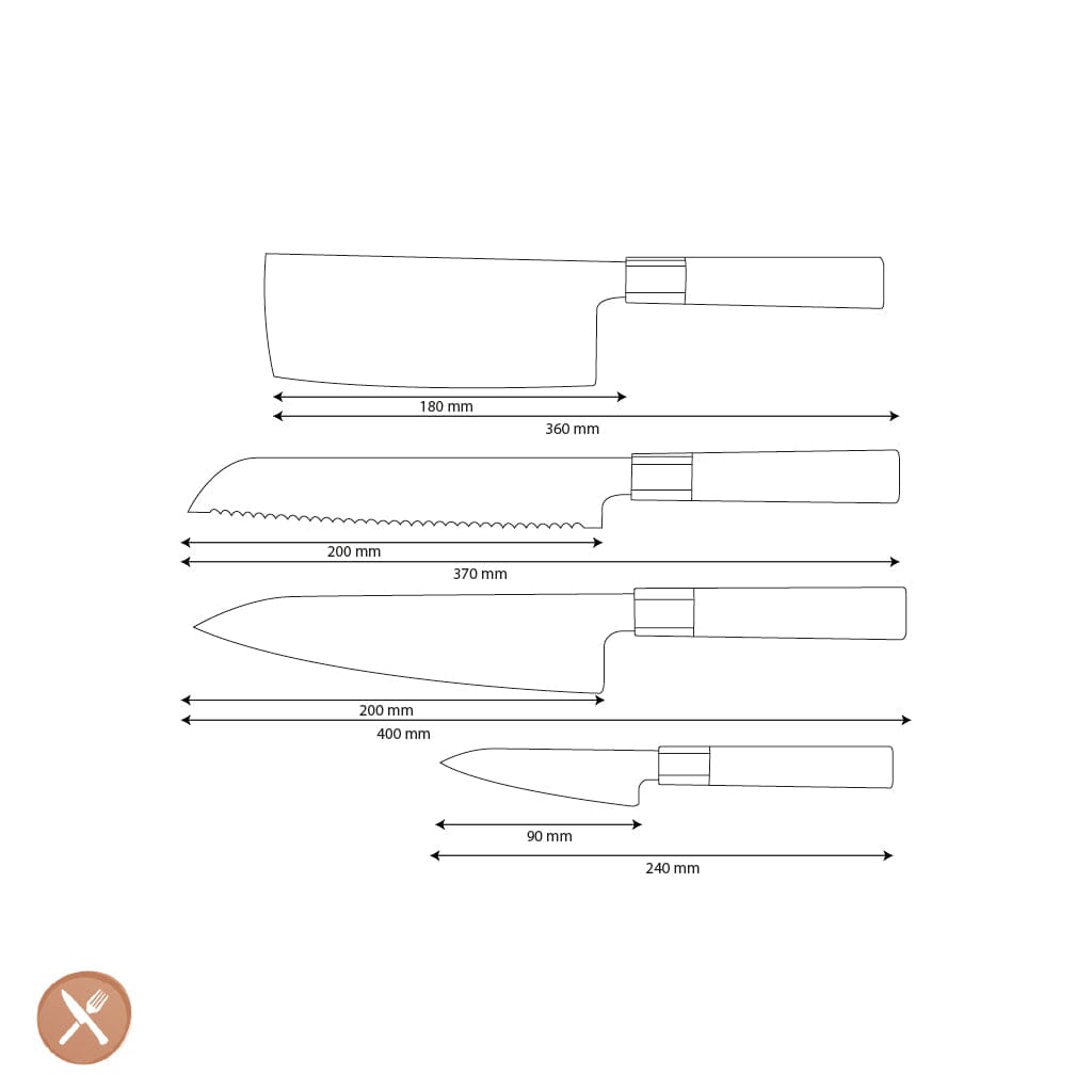 Couteaux Shinrai - Ensemble de couteaux Damas Kurayami 4 pièces - Couteau de chef + Couteau à pain + Nakiri + Couteau d'office Ensemble de couteaux Shinrai Knives