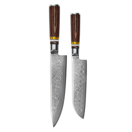 Shinrai Knives - Micarta Jewels 2-Piece Damascus Knife Set - Chef's Knife + Santoku Shinrai Knives - Micarta Jewels 2-delige Damascus Messenset - Koksmes + Santoku Messenset Shinrai Knives