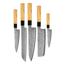 Shinrai Knives - Takumi Kaza 5-Piece Damascus Knife Set - Chef's Knife + Bread Knife + Nakiri + Paring Knife + Paring Knife Shinrai Knives - Takumi Kaza 5-delige Damascus Messenset - Koksmes + Broodmes + Nakiri + Officemes + Schilmes Messenset Shinrai Knives