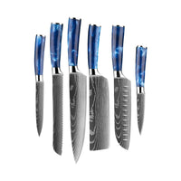 Epoxy Sapphire 6-delige Damascus Print Messenset + Acacia houder dubbelzijdig Shinrai Japan