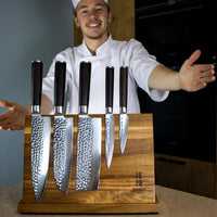 Hammered Damast BR 5-delige Damascus Messenset + Acacia houder enkelzijdig Messensets Shinrai Japan