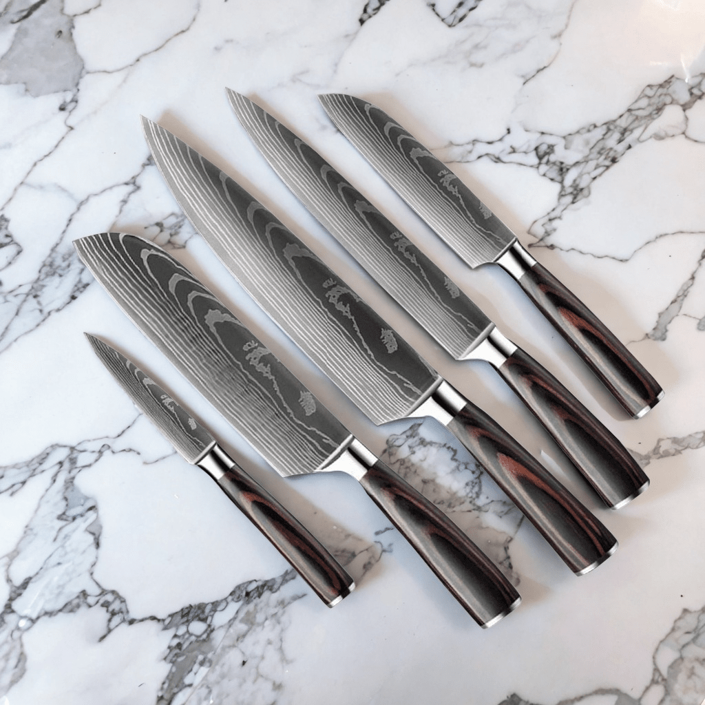 Messenset Damascus print 5 delig + Acacia Houder Dubbelzijdig Messenset met blok Shinrai Japan