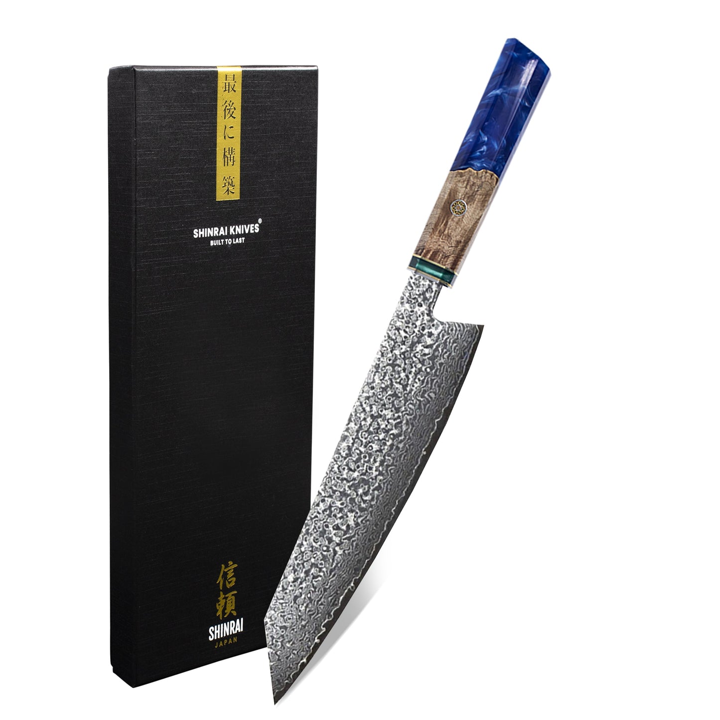 Sapphire Octagon Damascus Kiritsuke mes Keukenmessen Shinrai Japan