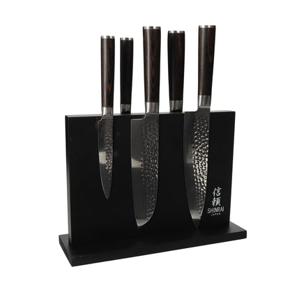 Shinrai Japan - Ensemble de couteaux 5 pièces Hammered Damask BR + bloc de couteaux magnétique double face - Noir