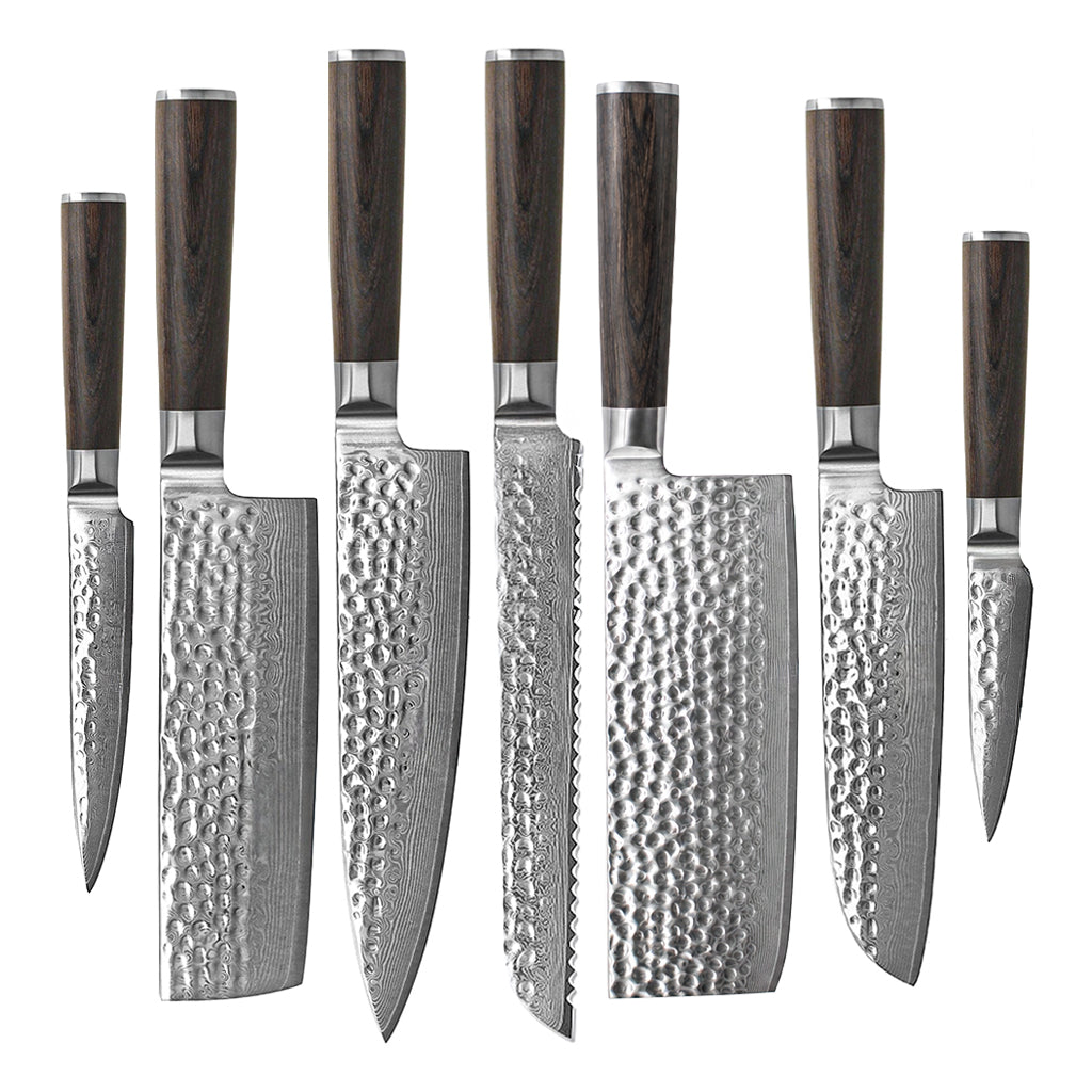 Shinrai Knives - Ensemble de 7 couteaux en damas martelé BR