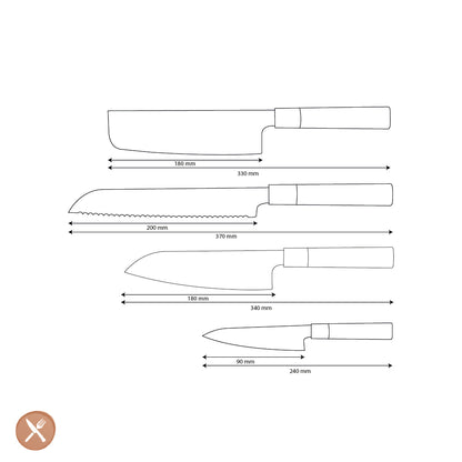 Couteaux Shinrai - Ensemble de couteaux Damas 4 pièces Takumi Kaza - Santoku + Couteau à pain + Nakiri + Couteau d&#39;office