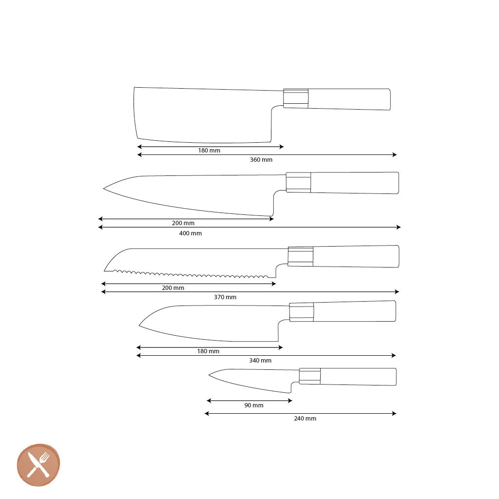 Shinrai Knives - Kurayami 5-piece Damascus Knife Set - Chef's Knife + Bread Knife + Nakiri + Santoku + Paring Knife