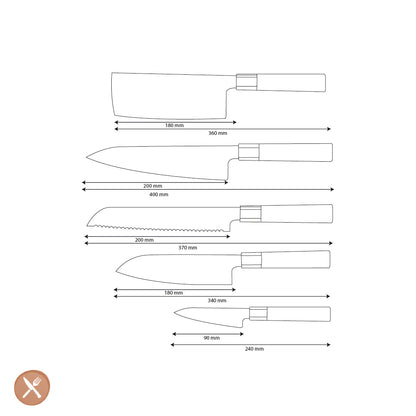 Shinrai Knives - Kurayami 5-piece Damascus Knife Set - Chef's Knife + Bread Knife + Nakiri + Santoku + Paring Knife