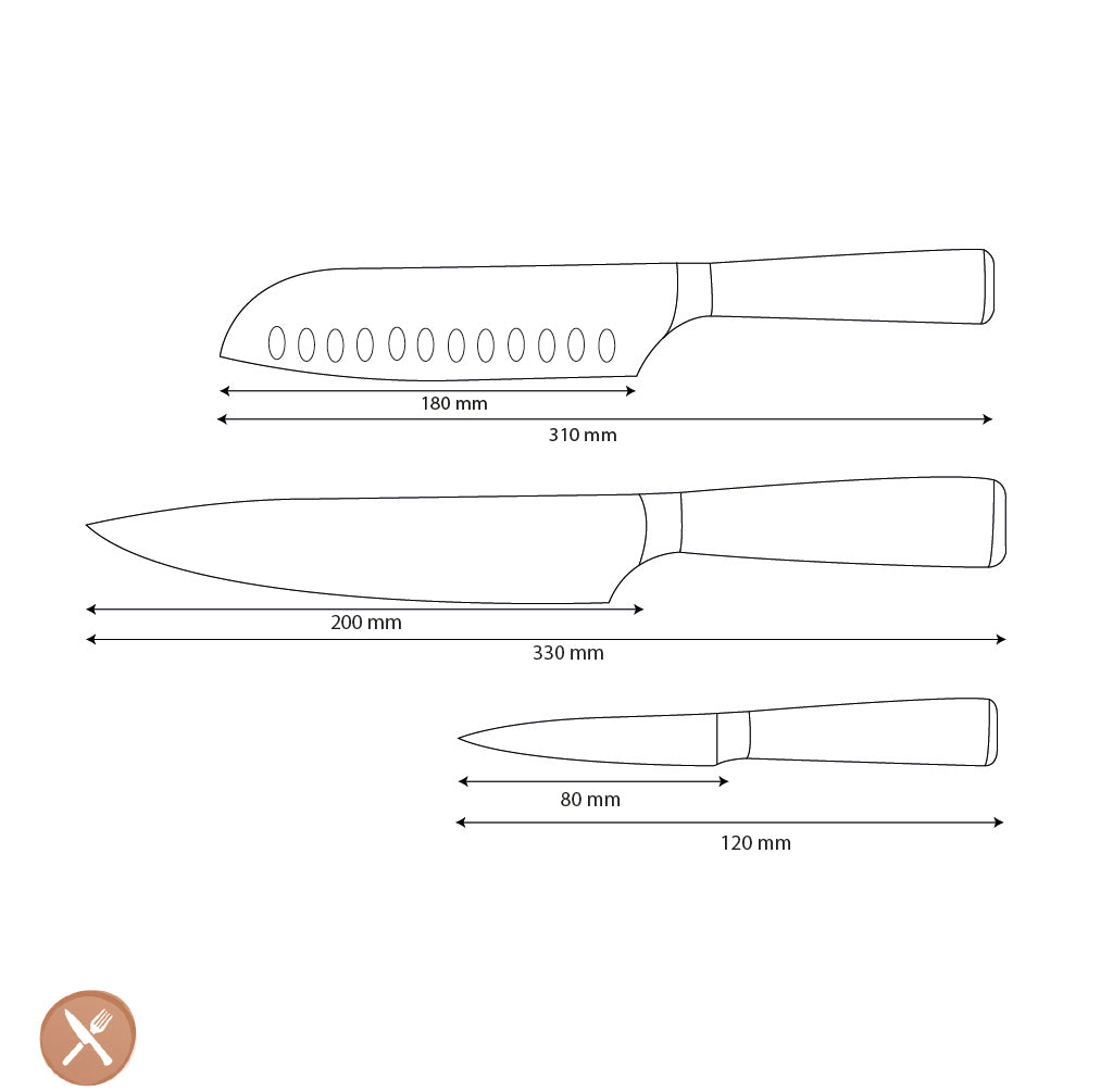 Couteaux Shinrai - Ensemble de 3 couteaux imprimés Damas - Couteau de chef + Santoku + Couteau d&#39;office