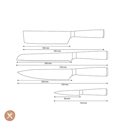 Shinrai Knives - Damascus Print Epoxy Onyx 4-Piece Knife Set - Chef's Knife + Bread Knife + Nakiri + Paring Knife