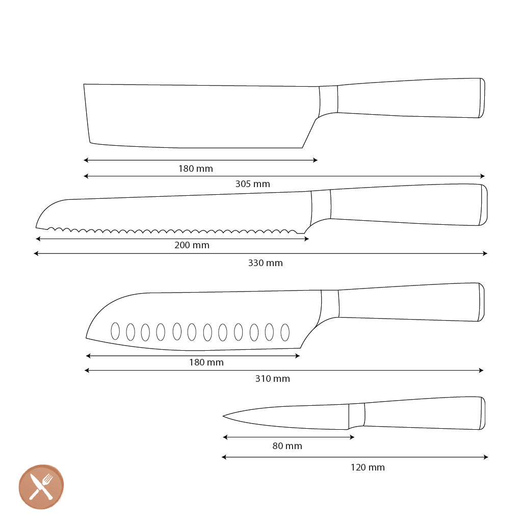 Shinrai Knives - Damascus Print Epoxy Onyx 4-piece Knife Set - Santoku + Bread Knife + Nakiri + Paring Knife