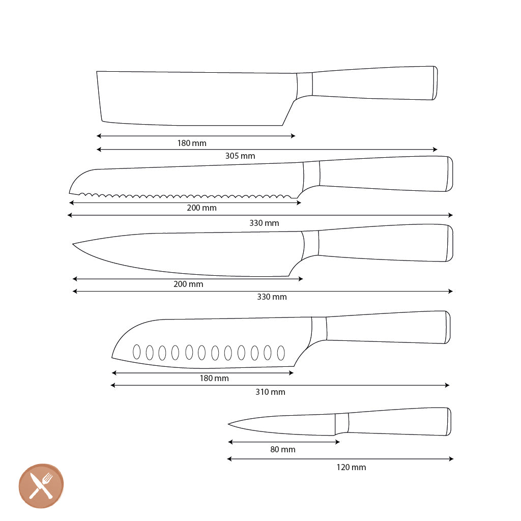 Shinrai Knives - Damascus Print Epoxy Onyx 5-piece Knife Set - Chef's Knife + Bread Knife + Nakiri + Santoku + Paring Knife