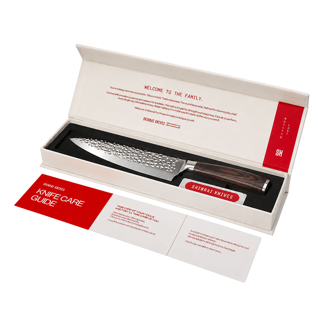 Shinrai Knives - Ensemble de 5 couteaux en acier inoxydable martelé - Couteau de chef + Couteau à pain + Nakiri + Petit Santoku + Couteau d'office