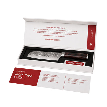 Shinrai Knives - Ensemble de 5 couteaux en acier inoxydable martelé - Couteau de chef + Couteau à pain + Nakiri + Petit Santoku + Couteau d'office