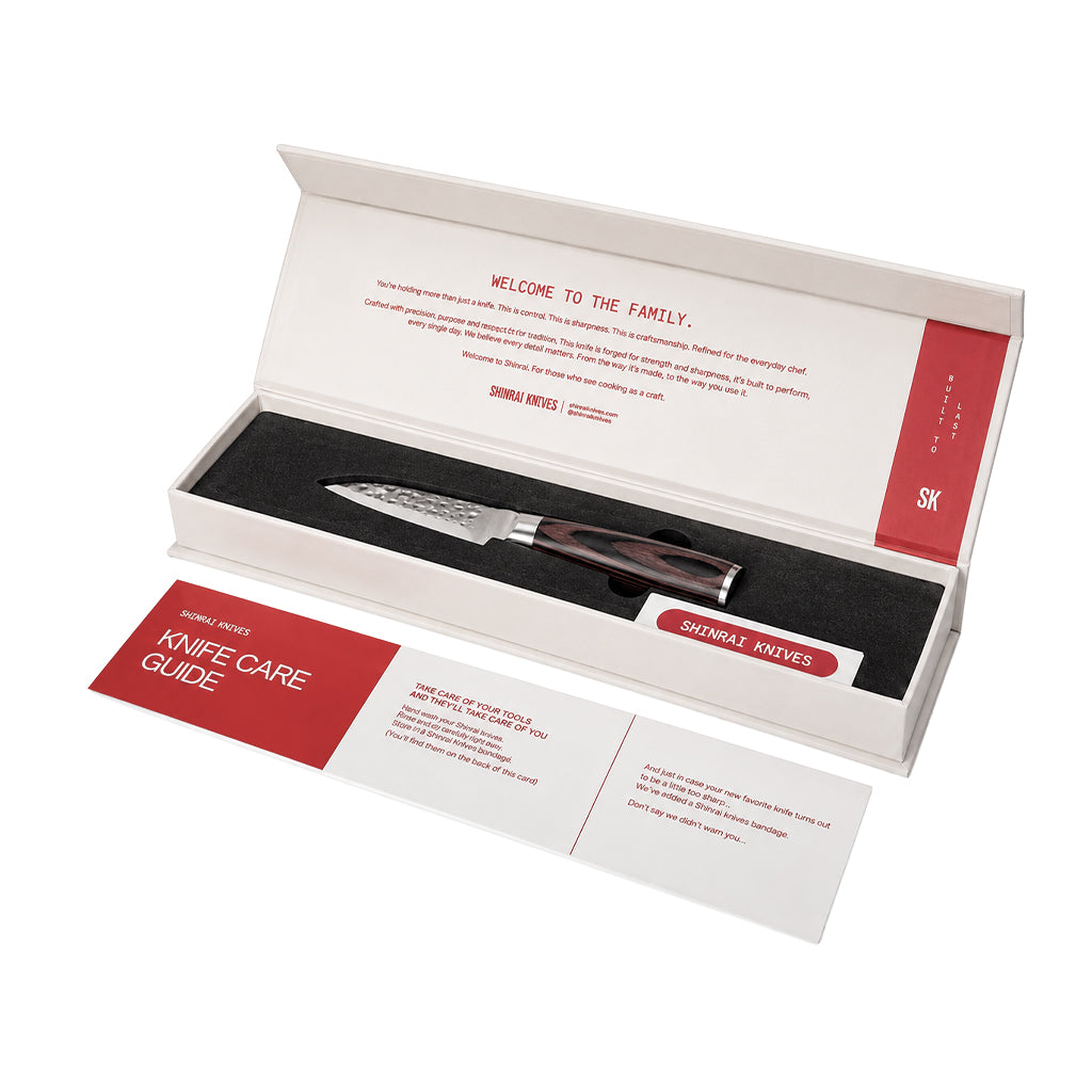 Shinrai Knives - Ensemble de 5 couteaux en acier inoxydable martelé - Couteau de chef + Couteau à pain + Nakiri + Petit Santoku + Couteau d'office