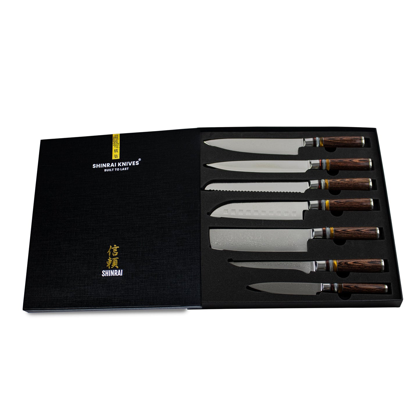 Shinrai Knives - Micarta Jewels 7-Piece Damascus Knife Set + Magnetic Knife Block Single-Edged
