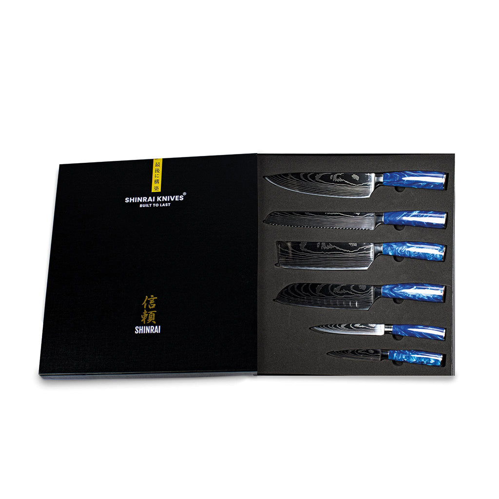 Shinrai Japan - Ensemble de couteaux 6 pièces à imprimé époxy saphir damas + bloc de couteaux magnétique Scalae - Bois d&#39;acacia