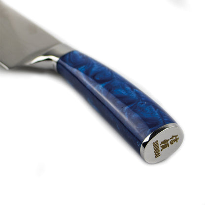 Shinrai Japan - Ensemble de couteaux 6 pièces à imprimé époxy saphir damas + bloc de couteaux magnétique Scalae - Bois d&#39;acacia