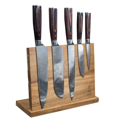 Shinrai Knives - Damascus Print 5-Piece Knife Set + Magnetic Knife Block Double Sided