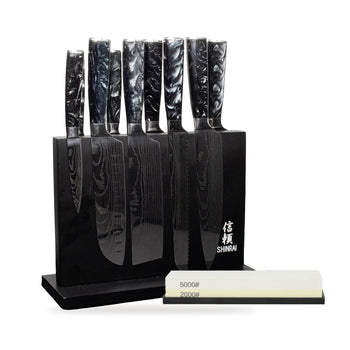 Shinrai Knives - Ensemble de 9 couteaux en onyx imprimé Damas + bloc à couteaux + pierre à aiguiser
