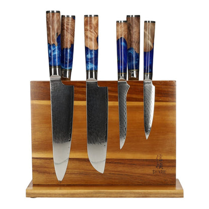 Epoxy Sapphire 6-delige Damascus Messenset + Magnetisch Messenblok Messenset met blok Shinrai Knives 