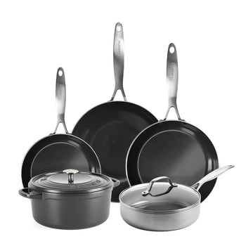 Batterie de cuisine GreenPan - Geneva XL 6 pièces (18/24/24/28/28 cm) : 2 poêles à frire, 1 cocotte avec couvercle, 1 wok et 1 plat à gratin.