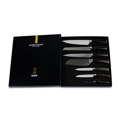 Shinrai Knives - Damascus Print 7-Piece Knife Set + Knife Block Punch
