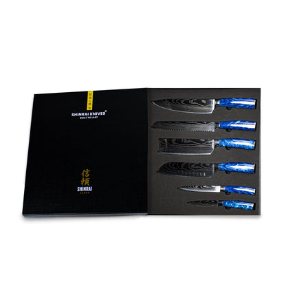 Shinrai Japan - Epoxy Sapphire Damascus Print 6-delige Messenset + Magnetisch Messenblok Dubbelzijdig - Zwart Messenset met blok Shinrai Japan 